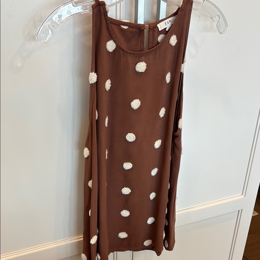 E&M Brown Sleeveless Top with White Polka Dots